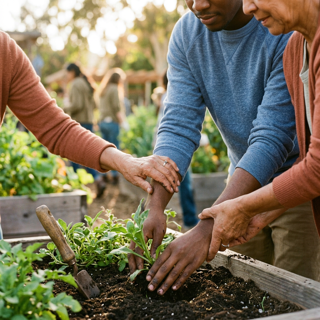 People planting seedlings together in a community garden